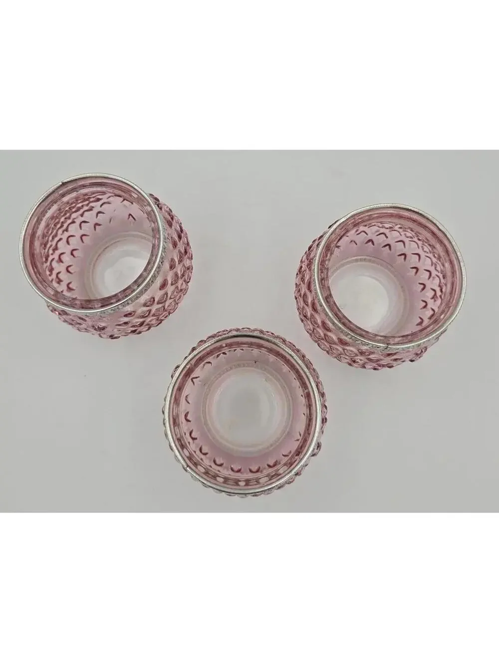 Set of 3 Pink Hobnail Glass Jars/Candle Holders w/Silver Bands